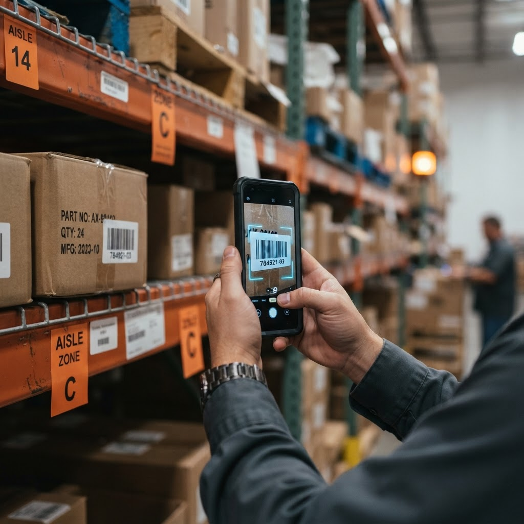 A warehouse worker scanning a product barcode with a smartphone camera